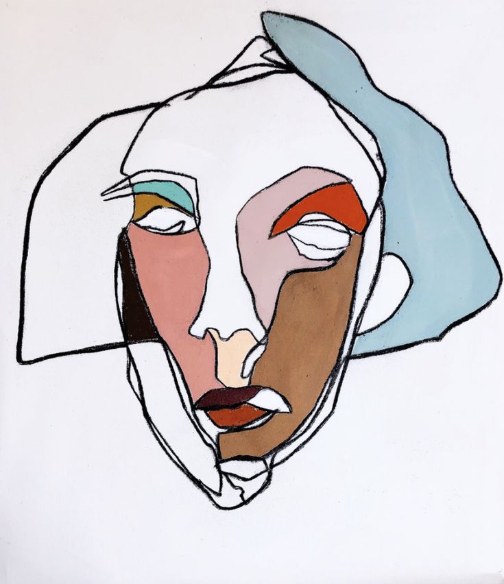 an abstract painting of a woman's face with multiple colors on it, including blue, pink, orange and white