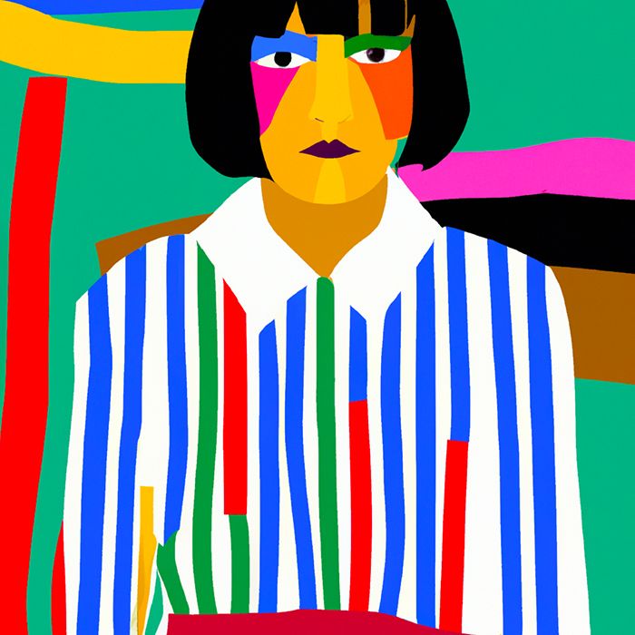 a painting of a person with different colored stripes on their shirt and tie, holding a book