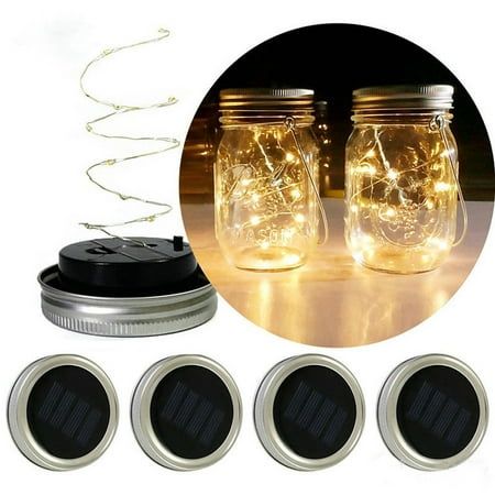 three mason jars with fairy lights in them on a white background and an image of the lids