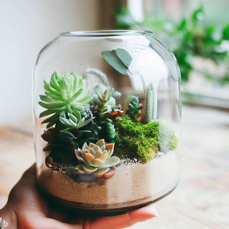 a hand holding a glass bowl with succulents and dirt in it on a table