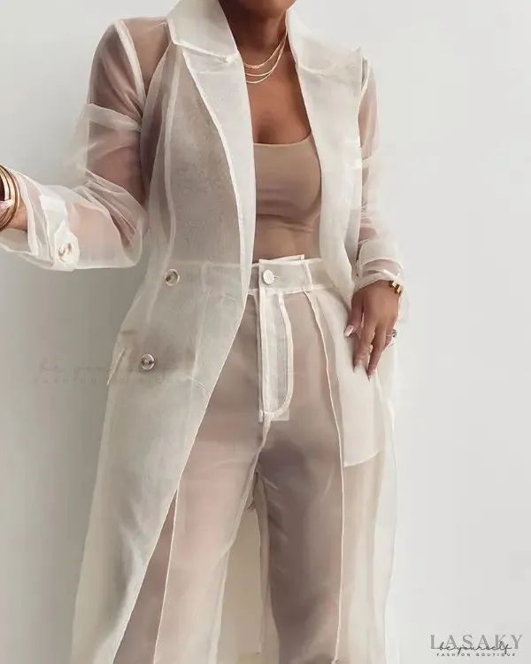 Lasaky - Sheer Mesh Button Decorated Coat With Belt Look Working Girl, Sheer Jacket, Button Decor, Coat With Belt, Inspiration Mode, Olivia Mark, Classy Outfits, Fashion Inspo Outfits, Trendy Outfits