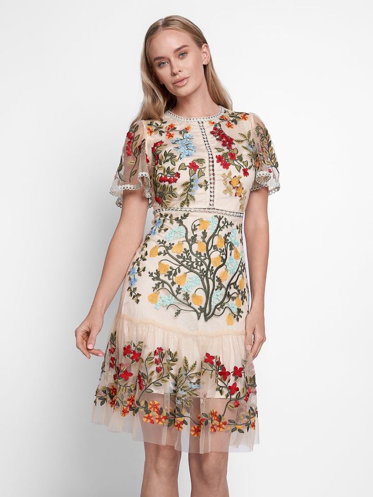 Kimora Embroidery Mini Dress Summer Floral Embellished Knee-length Midi Dress, Floral Embroidered Midi Cocktail Dress, Feminine Floral Embroidered Short Sleeve Dress, Spring Floral Short Sleeve Dresses, Embroidered Midi Dress For Garden Party, Spring Beige Midi Dress With Floral Embroidery, Beige Floral Embroidery Midi Dress For Spring, Beige Floral Embroidered Midi Dress For Spring, Beige Floral Embroidery Midi Dress For Garden Party