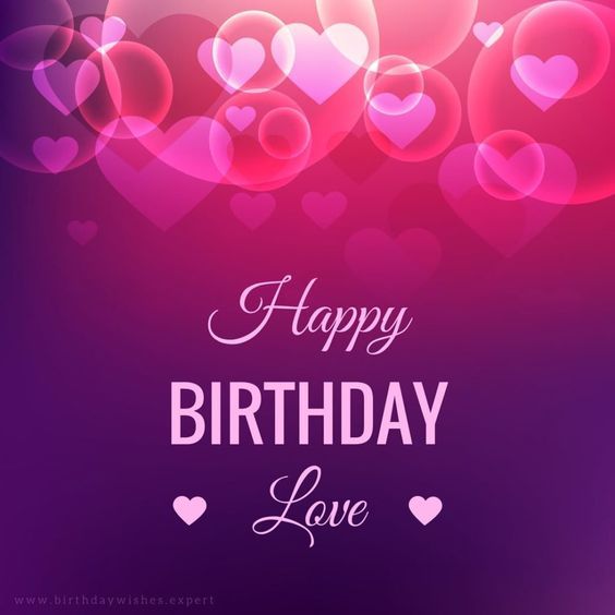 happy birthday love card with hearts on purple and pink background for valentine's day