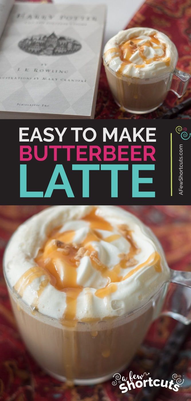 an easy to make butterbeeer latte with whipped cream and caramel drizzle