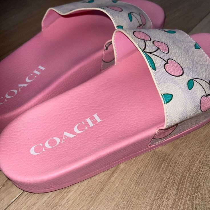 Coach Purse And Shoes. (No Box) Trendy Open Toe Sneakers, Pink Leather Slides With Branded Insole, White Flat Platform Slides, Chic Pink Round Toe Slides, Coach White Leather Sandals, Coach Leather Slides With Round Toe, Coach White Sandals For Spring, White Leather Coach Sandals, White Platform Slip-on Slides