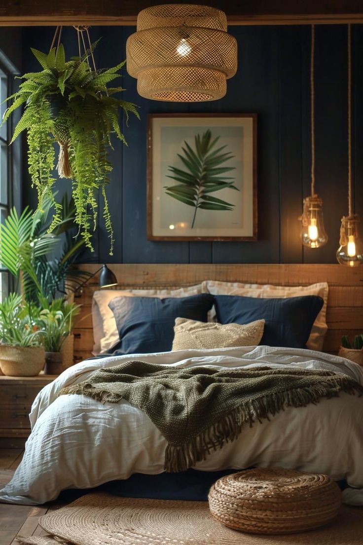 a bedroom with blue walls and plants hanging from the ceiling