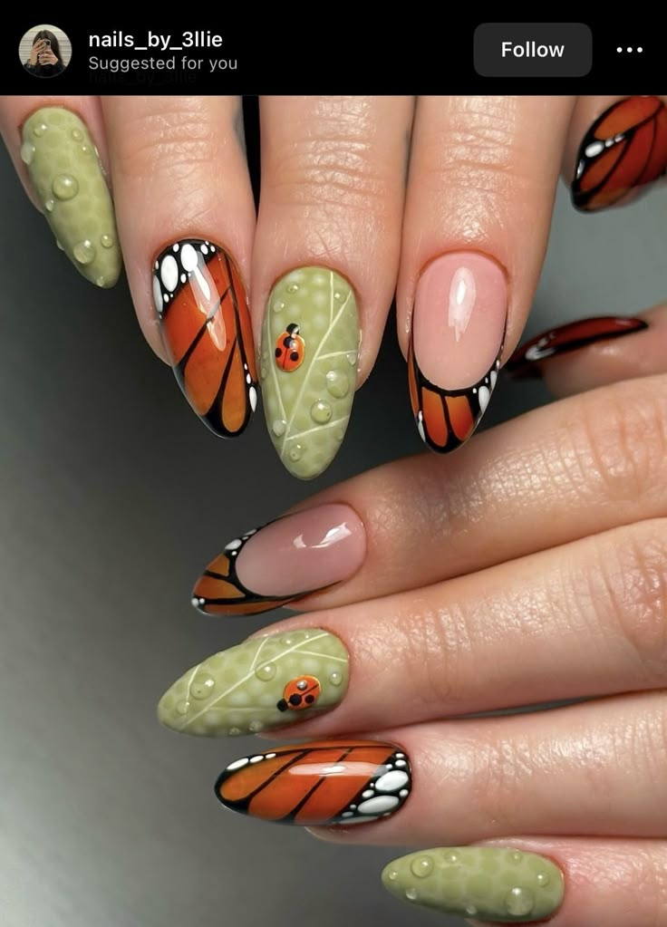 Easy Fall Acrylic Nails, Butterfly Nails Easy, Nail Art Ladybug, Bugs Nail Art, Whimsy Nails, Ladybug Nails Designs, Monarch Butterfly Nails, Bug Nail Art, Bug Nails