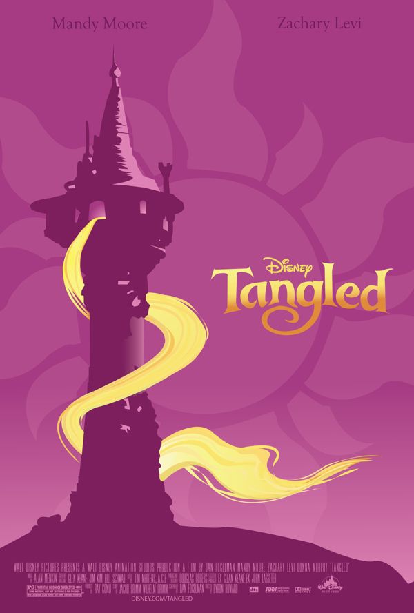 tangled movie poster with the tower in the middle and yellow hair flowing from its top