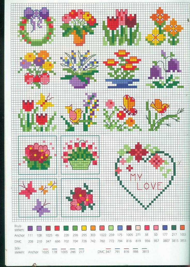 a cross stitch pattern with flowers and hearts on the front, as well as an image of