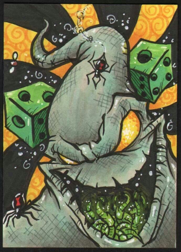 a card with an elephant holding two dices in it's mouth and another creature on its back