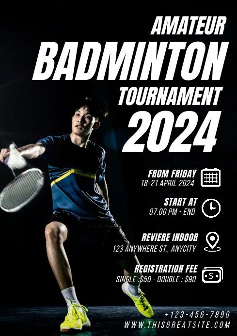 an advertisement for badminton tournament featuring a man in blue shirt and yellow shoes holding a tennis racquet