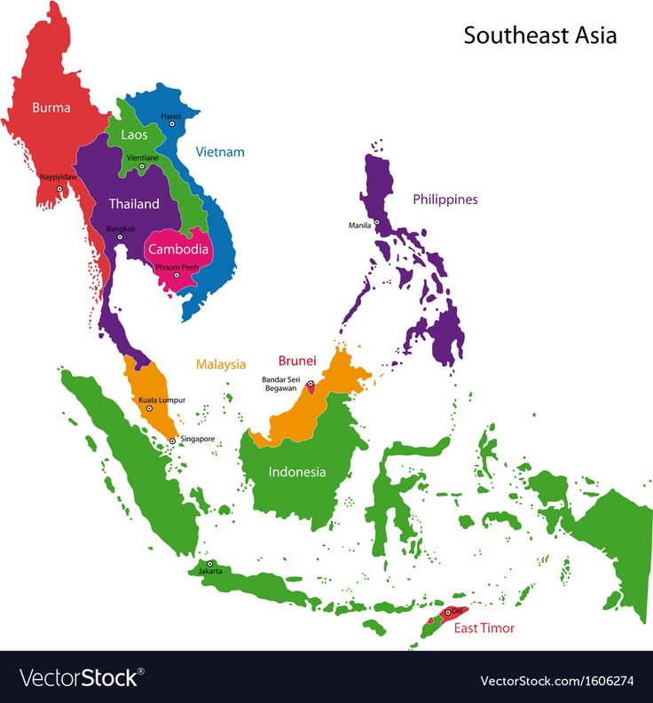 a map of southeast asia with all the states and their respective cities on white background