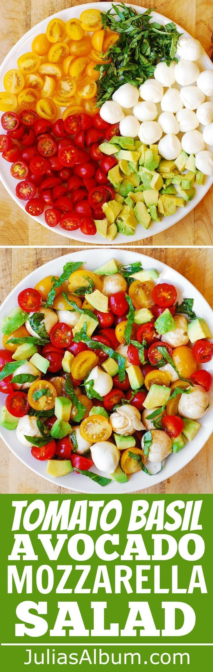 two white plates filled with different types of vegetables and the words tomato basil avocado mozzarella salad