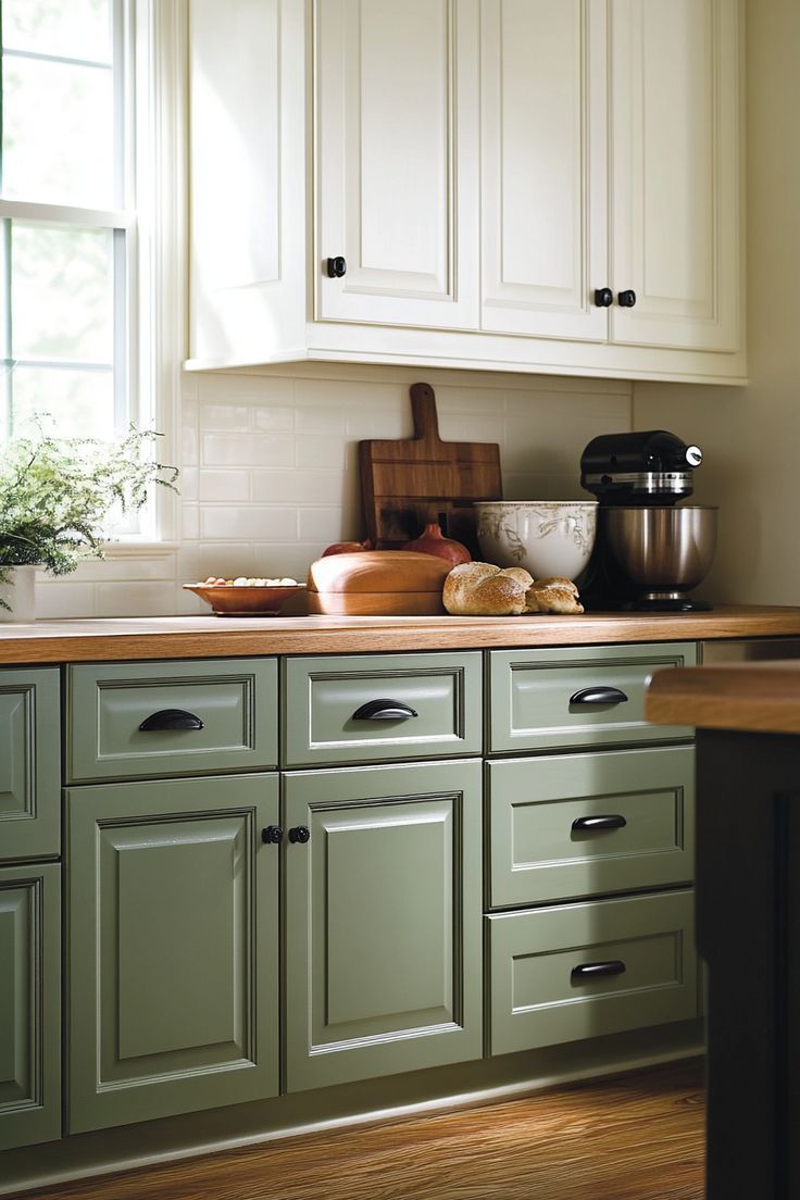 a kitchen with green cabinets and wooden counter tops