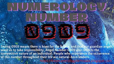 an advertisement for the numerology number 9909 is shown in red and blue