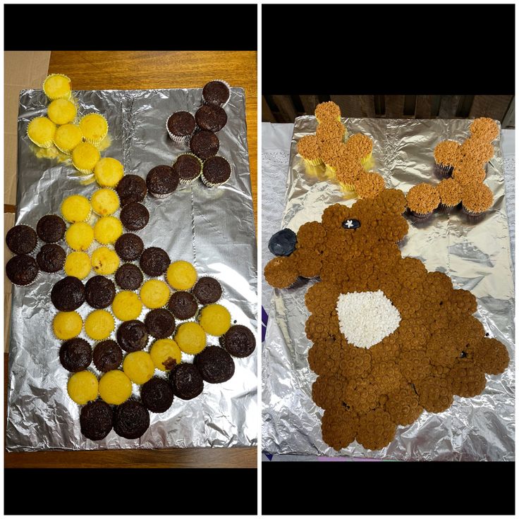 there are two pictures of food made to look like animals on tin foil and one is decorated with cookies