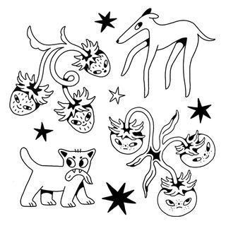 some drawings of animals and stars on a white background