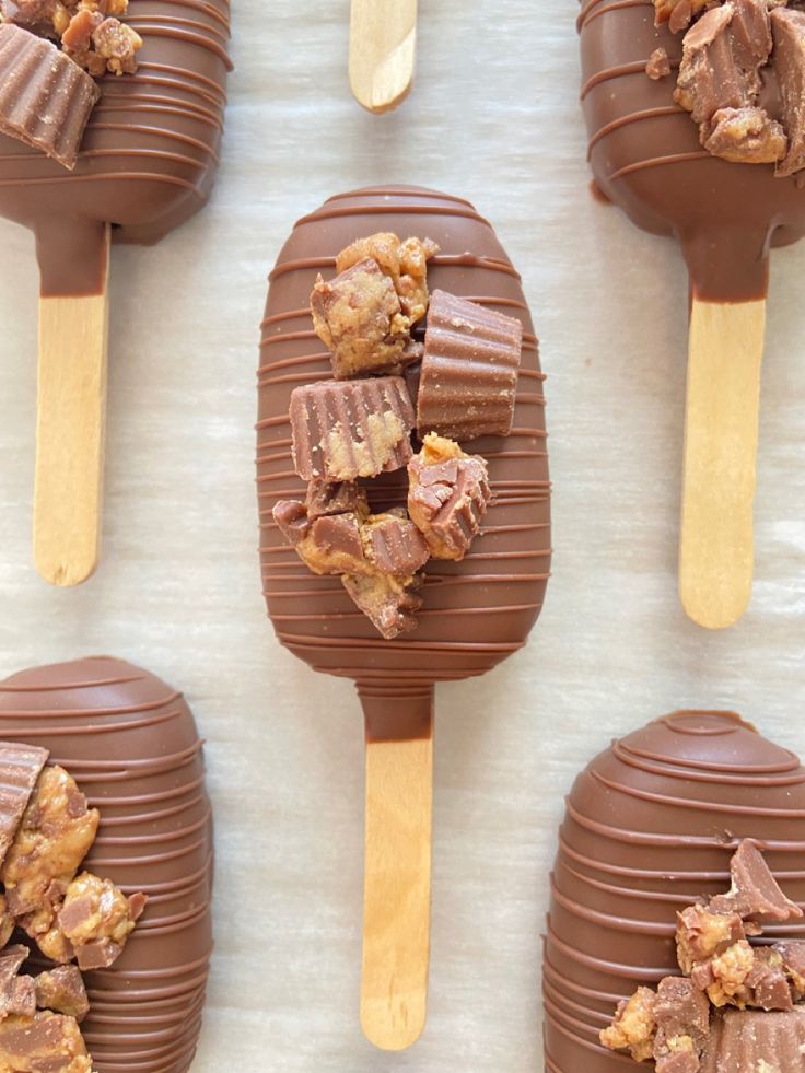 chocolate covered desserts are arranged on wooden sticks