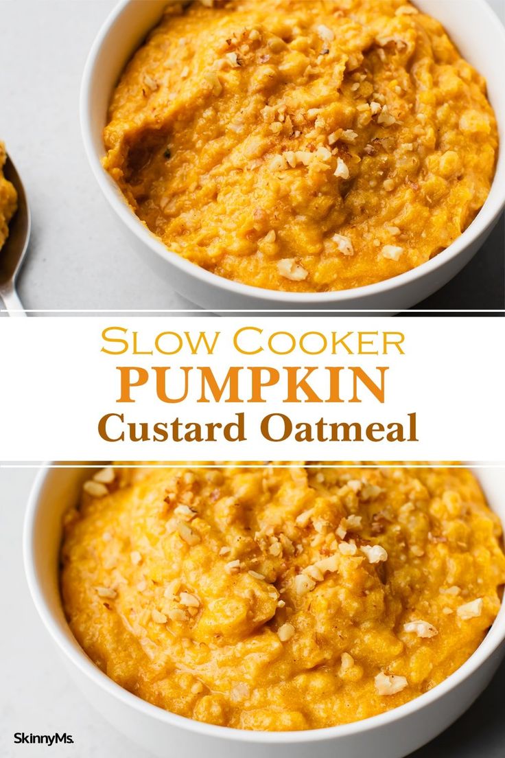 slow cooker pumpkin custard oatmeal in a white bowl with text overlay