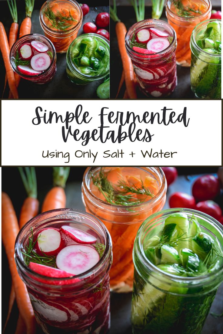 several jars filled with different types of vegetables