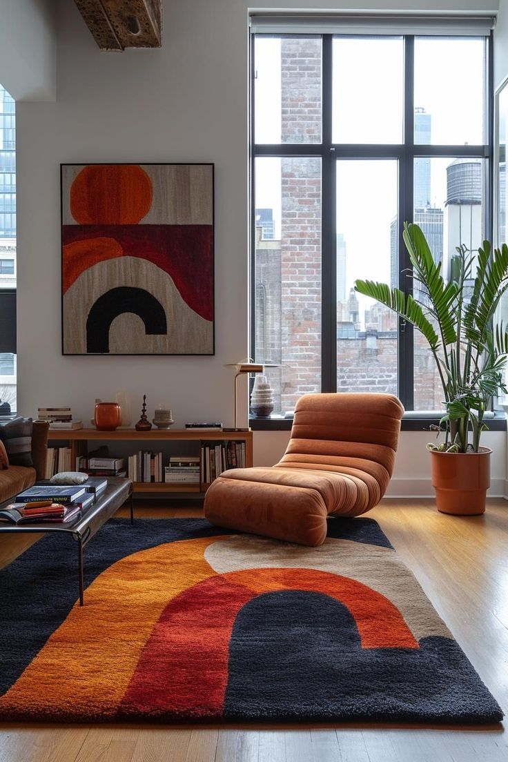 a living room filled with furniture and a large painting on the wall next to a window