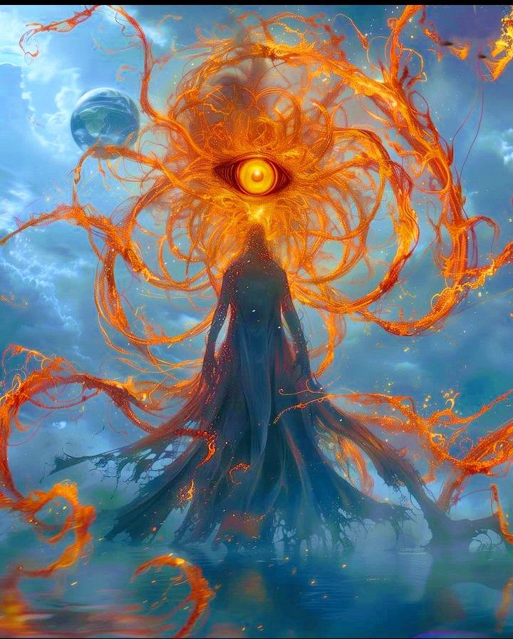 a woman standing in front of an orange and blue sky with fire swirling around her