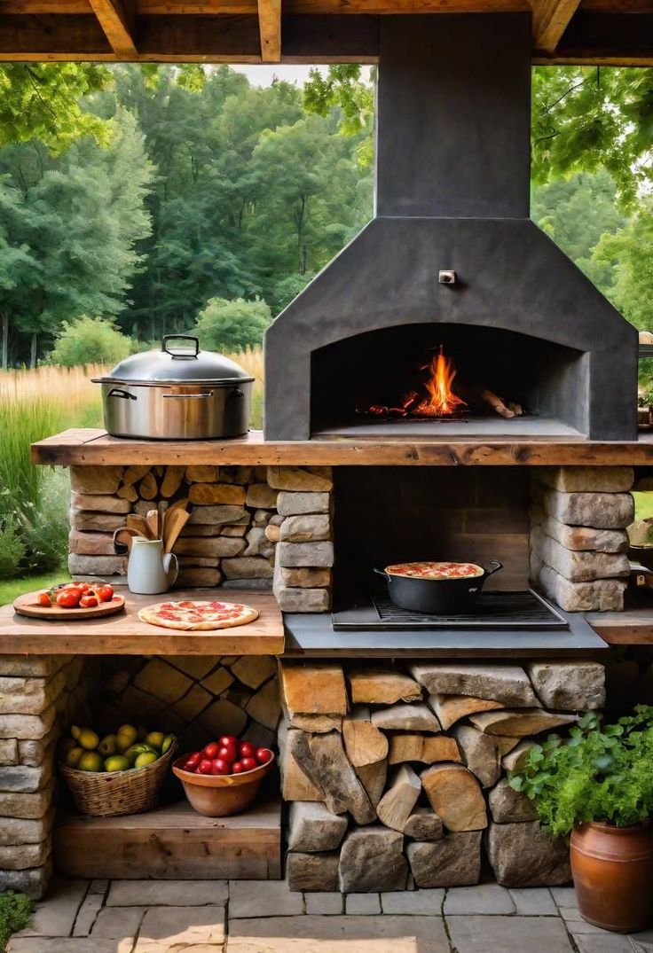 an outdoor pizza oven built into the side of a stone patio with pots and pans on it