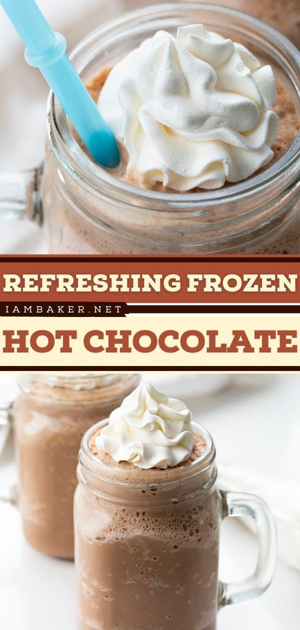 two cups filled with hot chocolate and whipped cream on top of each other, next to the words refreshing frozen hot chocolate