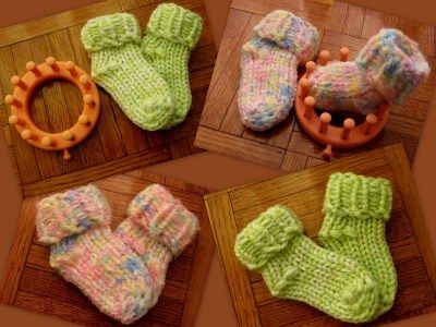 four pictures of knitted baby booties and toys on the floor, including a pacifier