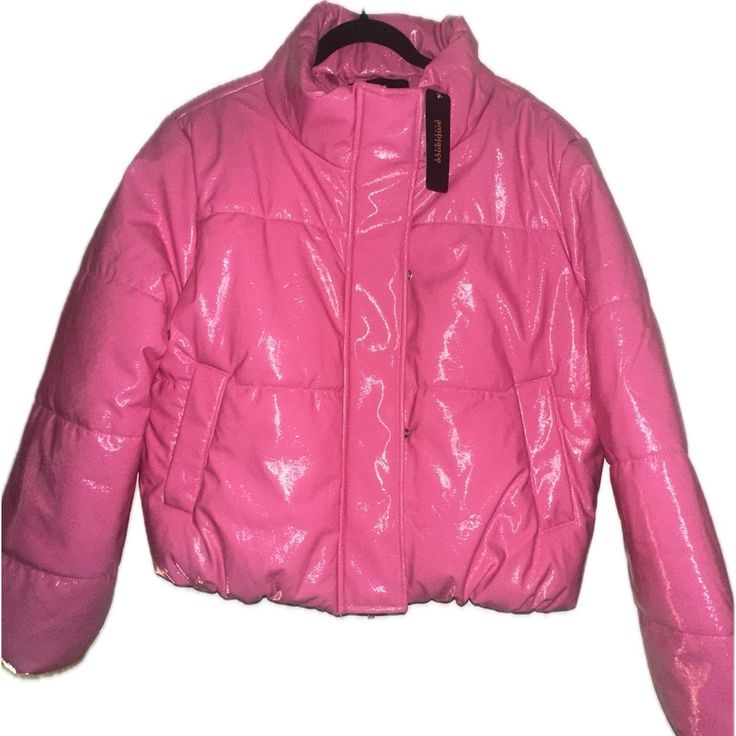 New Fashion Latex Pink Puffer Jacket Sz 2x Oversized Trendy Puffer Jacket For Spring, Trendy Oversized Puffer Jacket For Spring, Look Puffer Jacket, Pink Latex, Pink Puffer Jacket, Fashion Nova Jackets, Wet Look, Puffer Jacket, Down Jacket