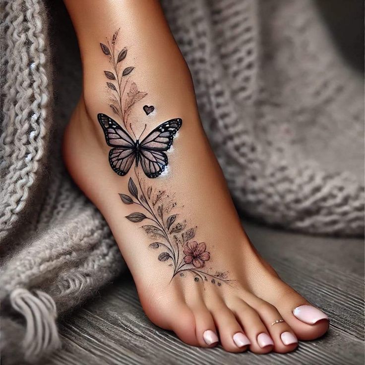 a woman's foot with a butterfly and flowers tattoo on the top of it