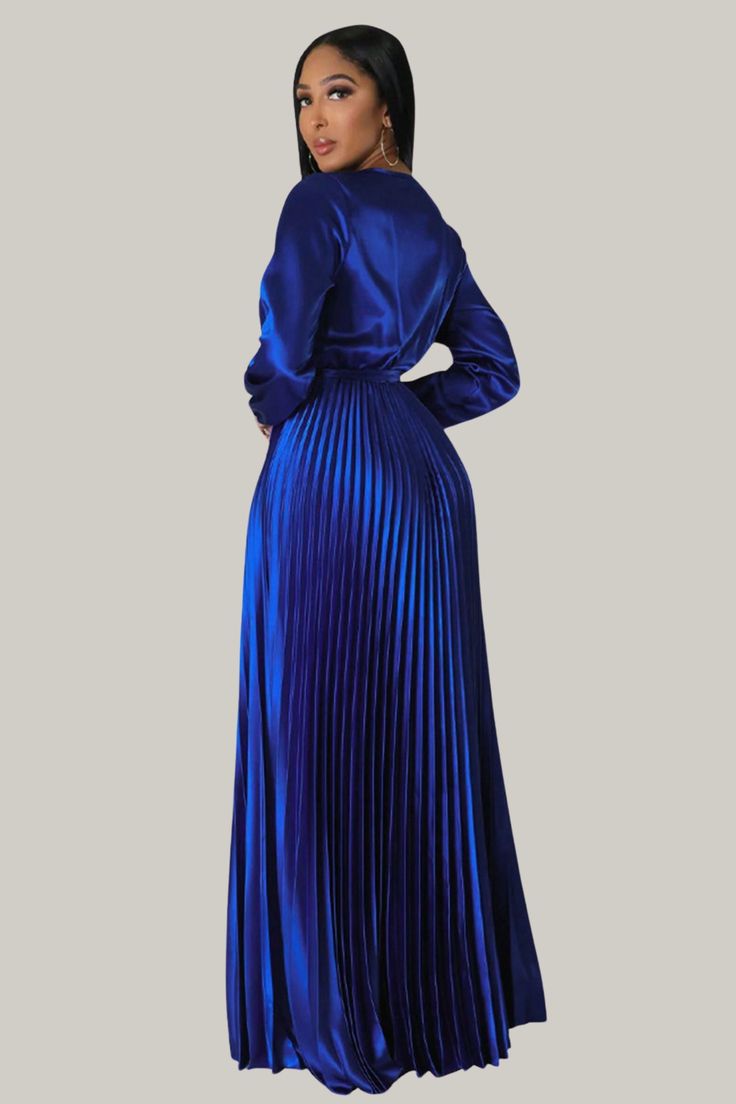 Elevate your elegance with the Eulalia Pleated Maxi Dress. Featuring a deep V-neck, wrap design, and belted high waist, this A-line dress boasts long bishop sleeves and a beautifully pleated hem. Crafted from non-stretch fabric, it offers a sophisticated and timeless look for any special occasion. Shop now to embrace refined style! 95% Polyester, 5% Elastane Model is wearing size small Please allow 3-5 business days to process and ship Pleated Maxi Dress For Date Night In Fall, Fall Date Night Pleated Maxi Dress, Chic Pleated Long Sleeve Dress, Long Sleeve Pleated Dress For Date Night, Blue Pleated Maxi Dress For Fall, Long Sleeve Pleated Party Dress, Elegant Long Sleeve Belted Dress For Party, Pleated Maxi Length Long Sleeve Party Dress, Elegant Pleated Belted Evening Dress