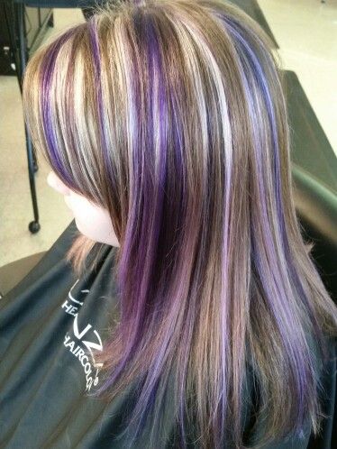 Multicolored Hair Highlights, Purple Hair With White Streaks, Purple Skunk Highlights, Hair Ideas For Blondes Color, Streaks Of Purple In Hair, Black Hair With Pink And Purple Streaks, Purple Hair Streaks Blonde, Blonde Purple Streaks, Chunky Highlights Scene Hair