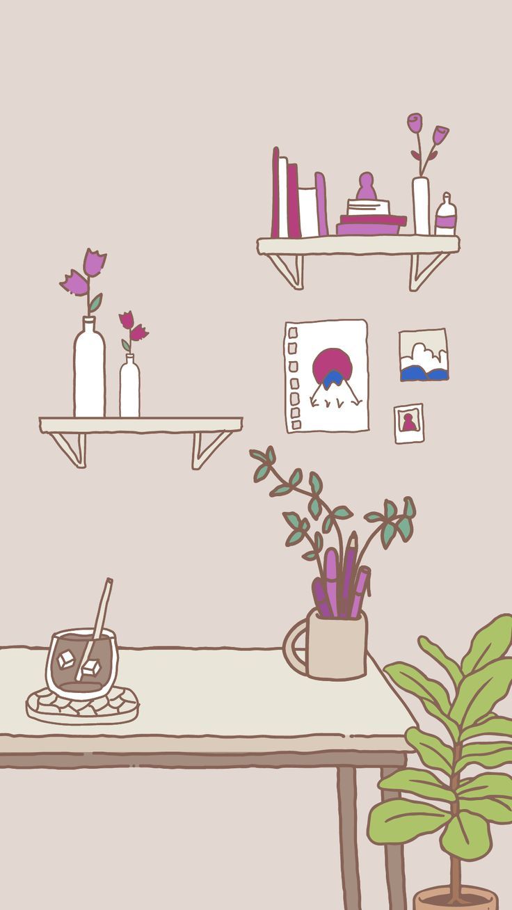 a drawing of a desk with plants and pictures on the wall