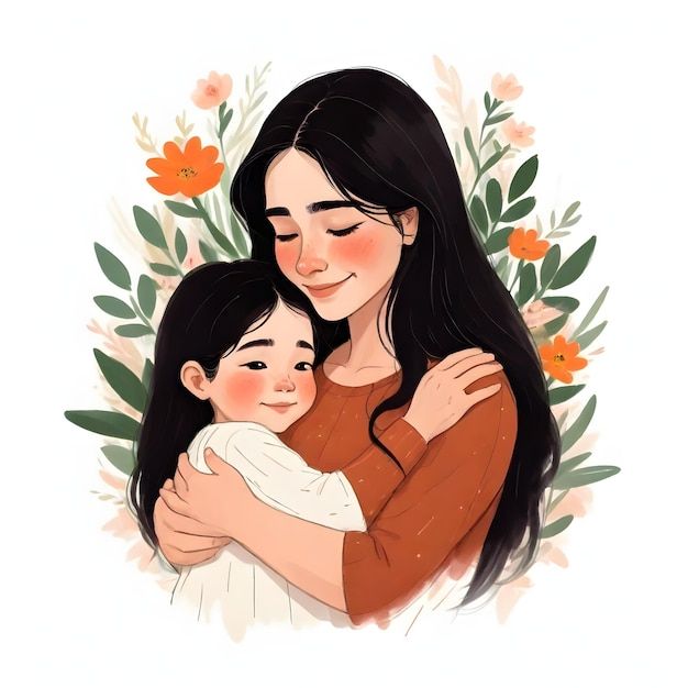 a woman holding a baby in her arms with flowers around her and an orange flower behind her