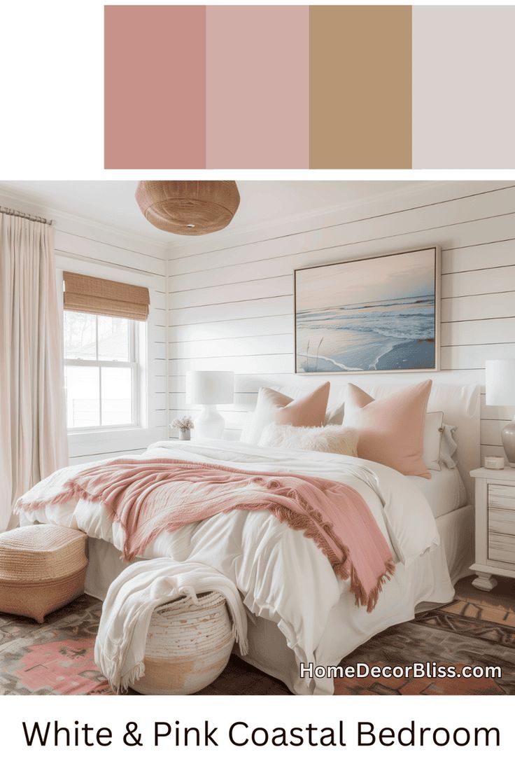 a bedroom with white and pink bedding in the color scheme, along with an image of