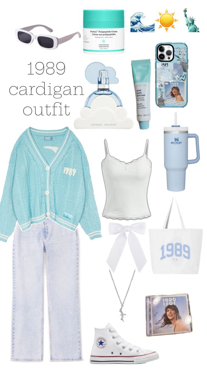 1989 Cardigan outfit🫶🏽🌊🗽☀️ 1989 Clothes, Cardigan Outfits Aesthetic, 1989 Cardigan, Taylor Swift Costume, Simple Outfits For School, Taylor Swift Tour Outfits, Cardigan Outfit, Ocean Fashion, Taylor Swift Outfits