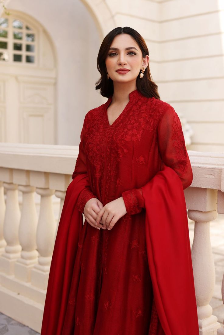 Sumi | Aghanoor Bridal Elegant Red Unstitched Suit With Dabka, Red Anarkali Lawn Suit With Sheer Dupatta, Anarkali Lawn Suit With Sheer Dupatta In Red, Red Lawn Suit With Sheer Dupatta For Eid, Elegant Red Georgette Unstitched Suit, Red Lawn Suit With Sheer Dupatta For Diwali, Festive Red Lawn Suit With Sheer Dupatta, Elegant Red Salwar Kameez With Dabka, Red Semi-stitched Lawn Suit With Sheer Dupatta