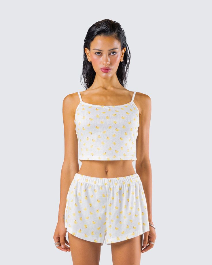 Have them all flocking towards you in this ivory duck print camisole top 💛 From getting your beauty rest to lounging around, this cutesy piece is made from pointelle jersey fabric and complete with a cutesy satin bow 😌 White Crop Top For Loungewear In Spring, White Summer Crop Top For Loungewear, White Summer Tank Top For Loungewear, Summer Cotton Tank Top For Lounging, Cotton Tank Top For Summer Lounging, Cute Cotton Tops For Lounging, Cute Camisole Tank Top For Loungewear, White Summer Top For Pajama Party, White Top For Summer Pajama Party