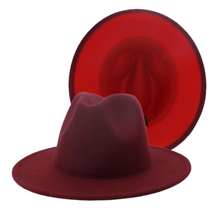 This sophisticated and chic maroon and red fedora is the fashion statement for any event, any location, and any time of the year. You are sure to turn heads and receive plenty of compliments because of the polished look these fedoras give. At upscale events, or even more casual events, you'll be the center of attention. Description: 65% Cotton, 35% Polyester Unisex,: For Both Men and Women Size: One Size (22.1 in) Adjustable headband Bowler Hat Women, Red Fedora, British Style Men, Felt Fashion, Duo Tone, Boho Festival Fashion, Bowler Hat, Felt Fedora, Diy Stationery