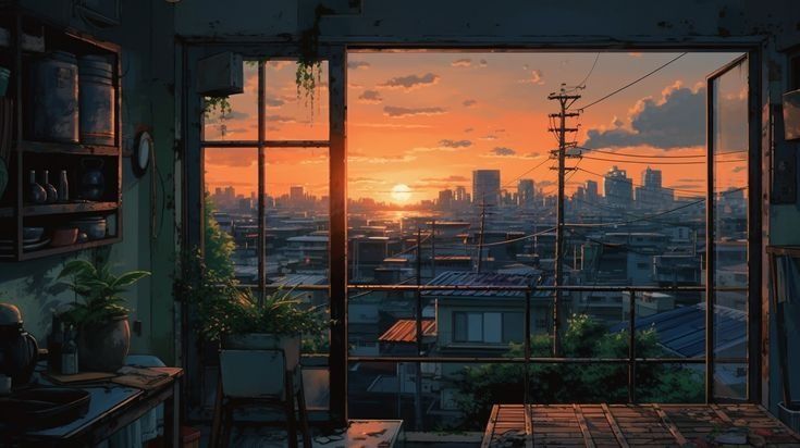 the sun is setting over a city from an apartment window with lots of windows in it