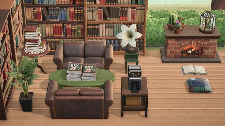 an image of a living room with furniture and bookshelves on the shelves in it