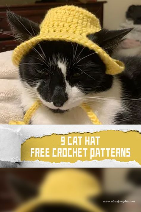 a black and white cat wearing a yellow crochet hat with the caption free crochet patterns