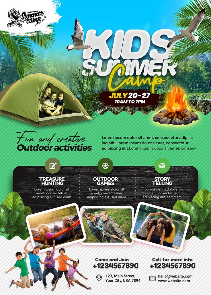 Attention all summer camp organizers and enthusiasts! We have the perfect solution for your promotional needs. Introducing our exclusive Free Kids Summer Camp Flyer PSD Template. Whether you’re organizing activities for Junior School events, Play Group activities, sports programs, school gatherings, family days, and community adventures. Camping Flyer Design, Summer Camp Ads, Camp Poster Ideas, Adventure Poster Design, Activities Poster Design, Family Gathering Design, Summer Camp Poster Design, Summer Camp Flyer Design, Play Group Activities