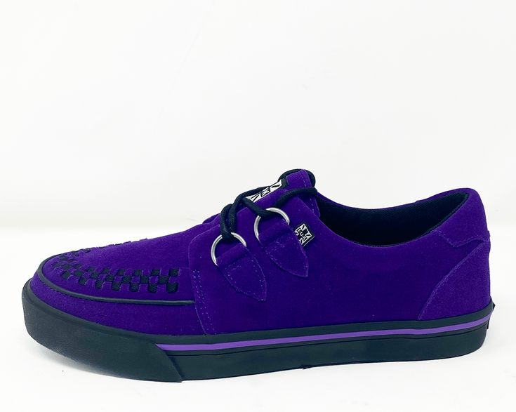 Normal is boring! Get ready to hit the stage or the streets in these vulcanized sneakers that reimagines our former creeper sneaker silhouette with bold & modern twists. Features one of our crowd-pleasing upper styles of purple cow suede with classic D-rings & iconic interlace detailing along the front. The VLK collection features a more streamlined and sleeker look compared to our past creeper sneaker designs. In addition to its' updated form, the vulcanized sneakers have removable insoles with Sneaker Silhouette, Vulcanized Sneakers, Normal Is Boring, Purple Cow, Purple Suede, Suede Sneakers, Sleek Look, Designer Sneakers, The Purple