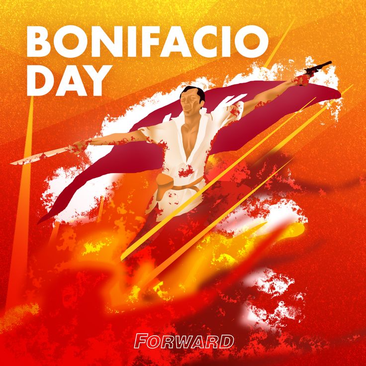 the poster for bonfacio day features a man on a surfboard in flames