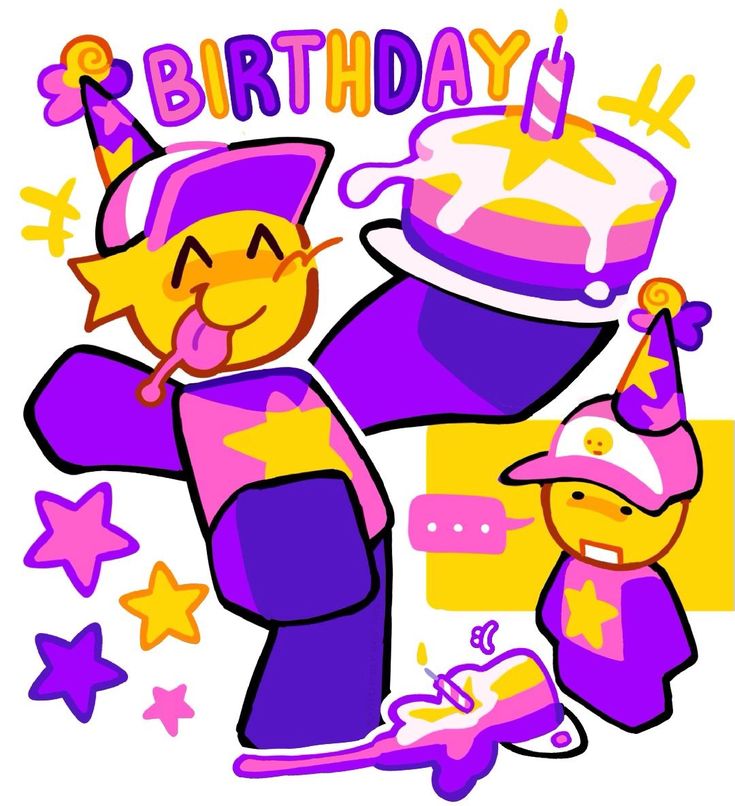 a cartoon character holding a birthday cake with the words happy birthday written on it and stars