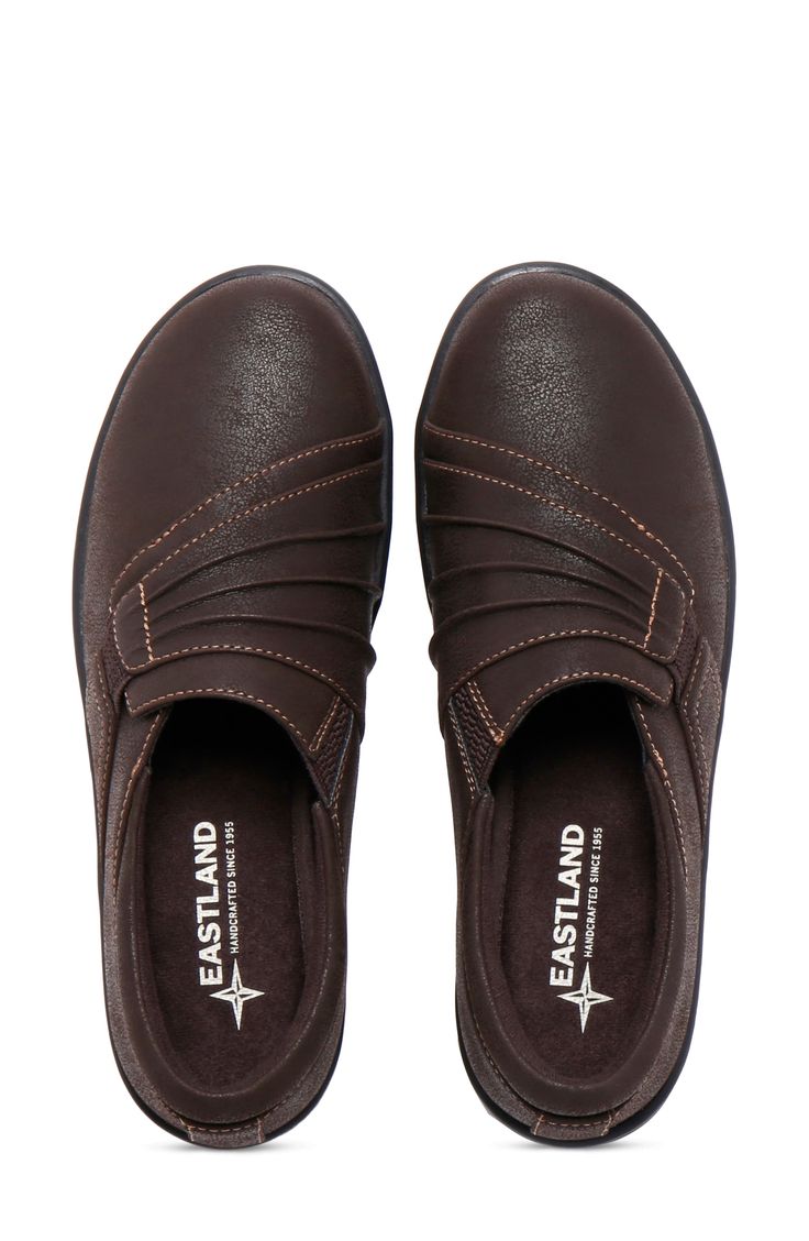 Faux leather crafts a slip-on loafer with dual-side elastic for easy on and off with a customized fit and grippy soles for comfort in every stride. 1.45" heel Slip-on style Memory foam insole Synthetic upper and TPR sole Imported Brown Synthetic Slip-ons With Rubber Sole, Synthetic Slip-ons With Leather Sole, Brown Slip-ons With Ortholite Insole, Fall Slip-on Loafers With Ortholite Insole, Brown Slip-ons With Branded Insole, Slip-on Synthetic Slip-resistant Loafers, Fall Slip-on Walking Shoes With Rubber Sole, Slip-resistant Slip-on Synthetic Loafers, Brown Closed Toe Slip-ons