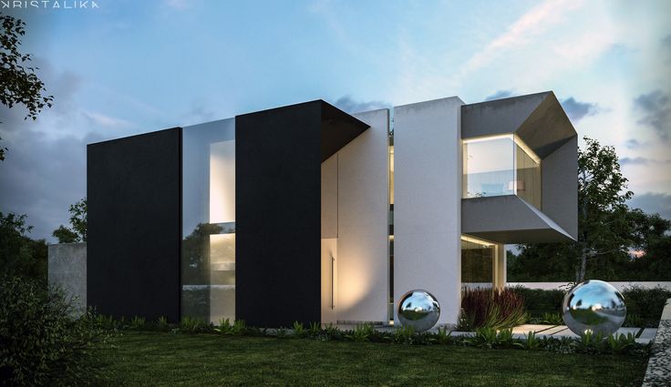 an architectural rendering of a modern house with black and white walls, windows, and balconies