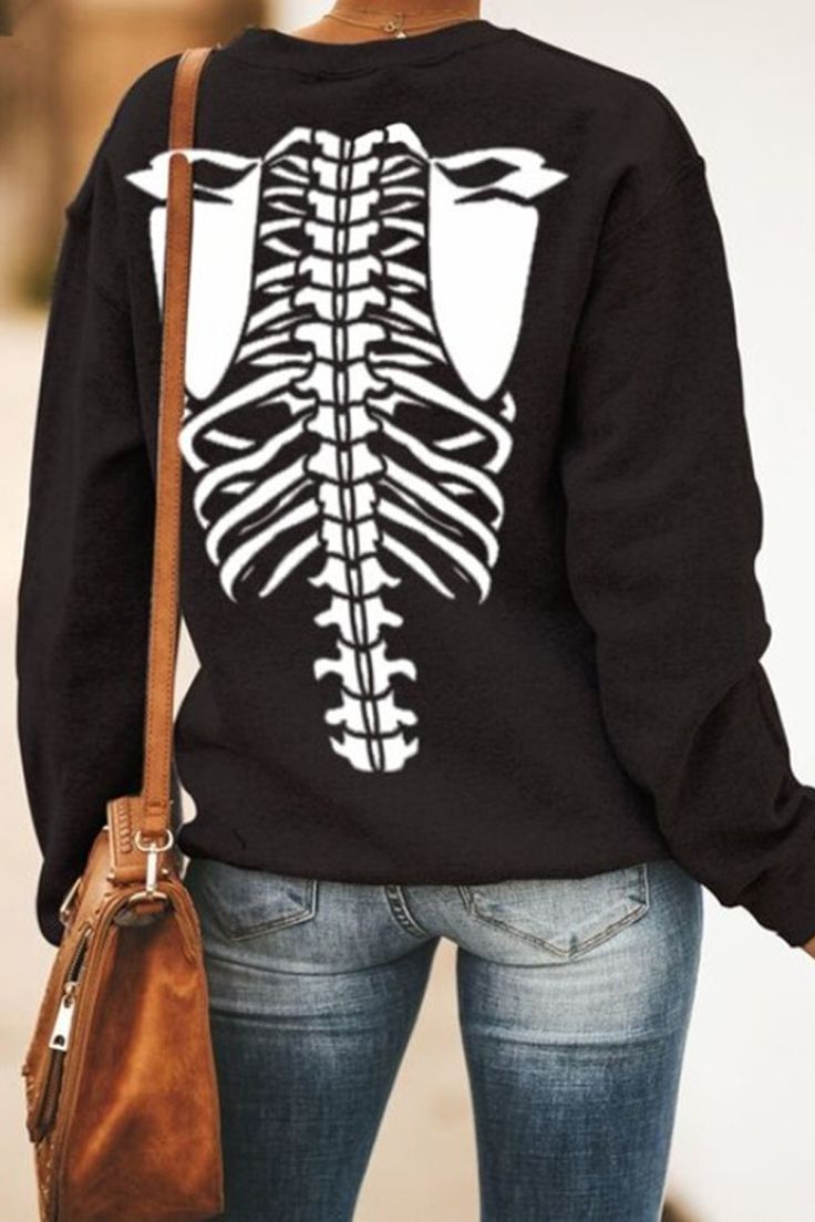 Halloween Skeleton Skull Print Sweatshirt Halloween Black Skull Print Outerwear, Halloween Black Outerwear With Skull Print, Black Crew Neck Sweatshirt With Skull Print, Black Long Sleeve Tops With Skull Print, Black Long Sleeve Sweatshirt With Skull Print, Halloween Skull Sweatshirt In Black, Black Skull Sweatshirt For Halloween, Black Halloween Sweatshirt With Skull, Halloween Grunge Outerwear With Skull Print